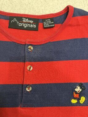 Disney Originals Striped Shirt XL Red Blue Henley Mickey Mouse Embroidered VTG